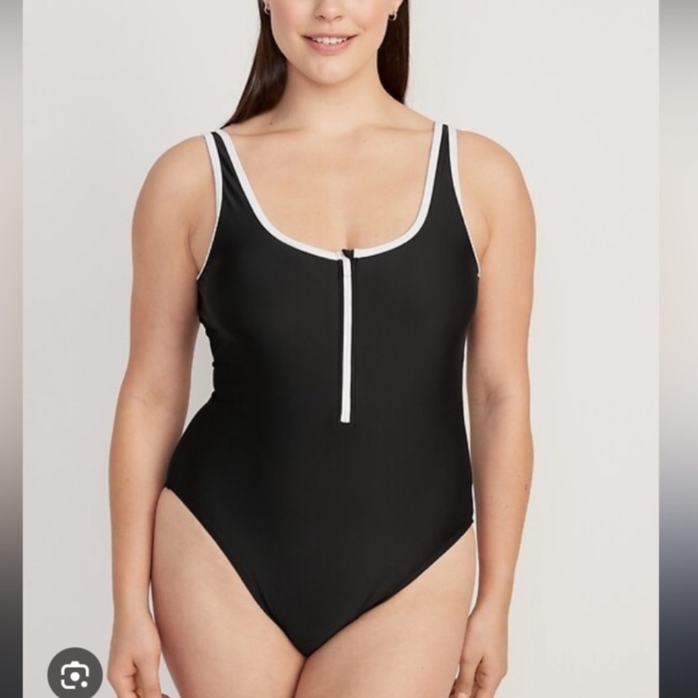Old Navy Black One-Piece Swimsuit with White Trim and Front Zip